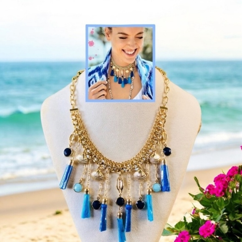 Lilly Pulitzer Seaside Tassel BIB Necklace Elegant Gold Tone / Capri / Teal